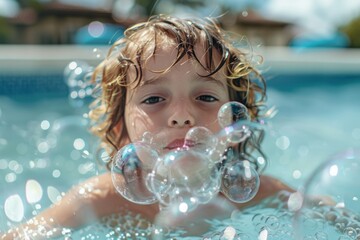 A young boy is in a pool with bubbles