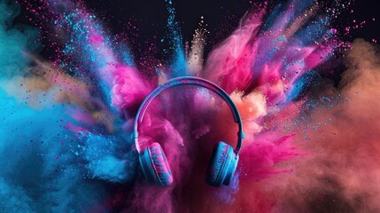Create an illustration of headphones surrounded by bursts of colorful powder, adding an energetic...