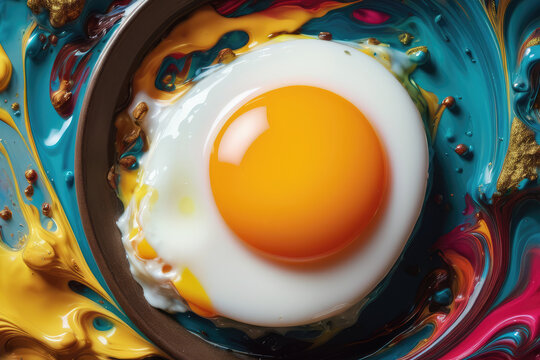 aesthetic art of cooked eggs with splashes of colorful paint

