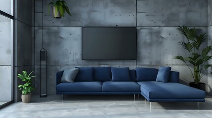 Blue sofa facing television. Modern living room interior design with concrete wall in a minimalist loft home.