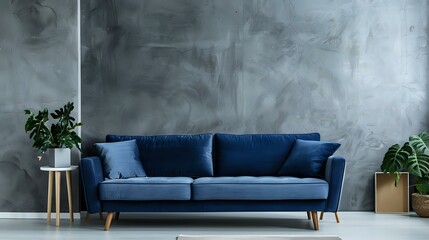 Blue sofa next to a wall of concrete. Modern living room interior design in a minimalist studio apartment by a Scandinavian loft home. - obrazy, fototapety, plakaty