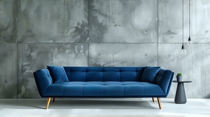 Blue sofa next to a wall of concrete. Modern living room interior design in a minimalist studio apartment by a Scandinavian loft home.