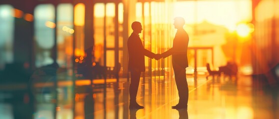 Two businessmen shaking hands in the warm glow of a setting sun, signifying a successful deal - obrazy, fototapety, plakaty