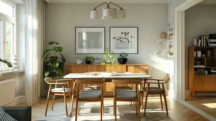 Contemporary Scandinavian dining room interior design featuring a cabinet