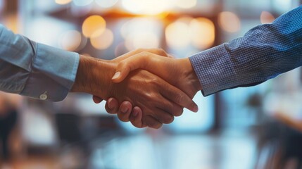 Two businessmen firmly shaking hands in a bright office, signaling a successful agreement