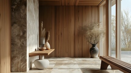 Cosy hallway with wood panelling and a marble stone wall next to a wooden bench. Large window in the modern entrance hall of a minimalist house