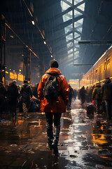 Urban scene with people in raincoats going through the rain, railway station on background - obrazy, fototapety, plakaty