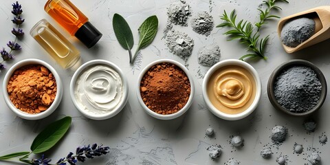 Top view of various skincare products on a light grey background showcasing different textures and steps in a beauty routine. Concept Skincare Products, Beauty Routine, Top View - obrazy, fototapety, plakaty