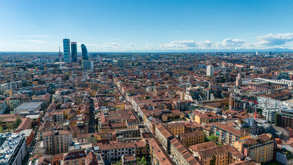 Aerial view of CityLife with the three tower, Il Dritto The Straight One (Allianz Tower), Lo Storto...
