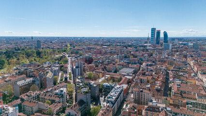 Aerial view of CityLife with the three tower, Il Dritto The Straight One (Allianz Tower), Lo Storto The Twisted One (Generali Tower), Il Curvo The Curved One, 04-02-2024. Milan, Italy