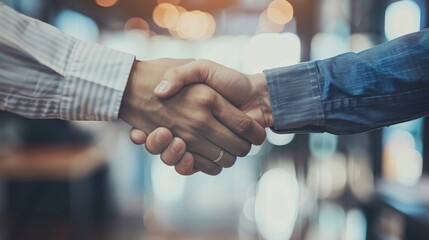 Two businessmen firmly shaking hands in a bright office, signaling a successful agreement