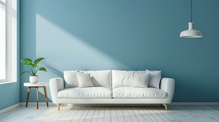 couch positioned near the blue wall. Modern living room interior design in a Scandinavian home