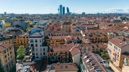 Aerial view of CityLife with the three tower, Il Dritto The Straight One (Allianz Tower), Lo Storto The Twisted One (Generali Tower), Il Curvo The Curved One, 04-02-2024. Milan, Italy - 774233760