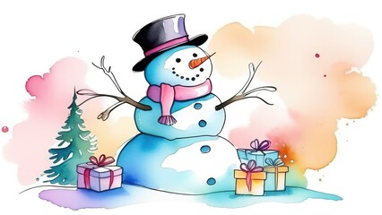 christmas - snowman with gift box for merry christmas and new year, merry christmas poster with snowman on snowy background, snowman in santa claus hat with christmas gift