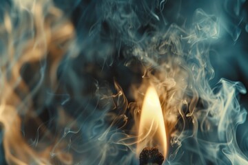 Lit matchstick with swirling smoke on a blurred background - obrazy, fototapety, plakaty