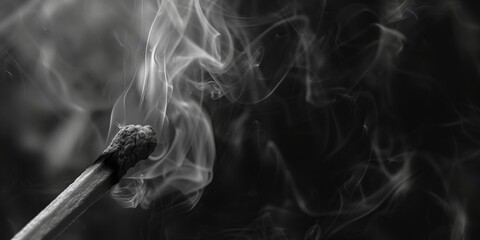 Extinguished matchstick with smoke on a dark background - obrazy, fototapety, plakaty