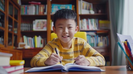 Cheerful chinese school boy doing homework while sitting at desk at home