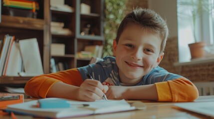 Smiling caucasian child school boy doing homework at home