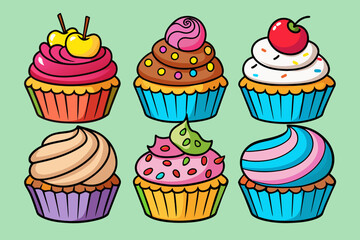 six different hand drawn cupcake with cartoonstyle