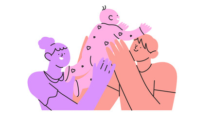 Kid adoption. Multicultural foster family or couple adopt newborn. Happy parents embracing their adopted daughter or son. Vector cartoon illustration. Mother and father, family care and adopted child.