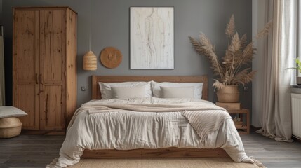 Serene minimalist bedroom with wooden accents and tasteful decor, embodying tranquility
