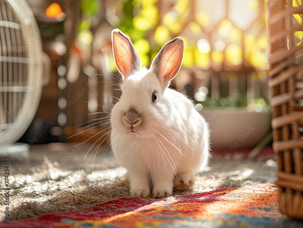 Wall mural a rescued rabbit being introduced to its new indoor enclosure in a loving home