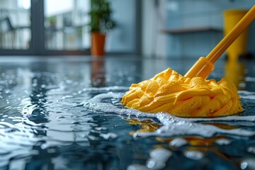 A yellow mop resting on a reflective wet surface, highlighting routine cleaning chores and hygiene maintenance