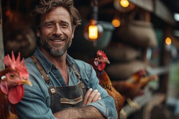 A cheerful man in overalls holding chickens at a farm, with a warm, welcoming smile