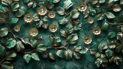 Delicate vines rendered in shades of metallic green, intertwine with emerald gemstones, mimicking the natural growth patterns of plants with a luxurious sparkling created with Generative AI Technology