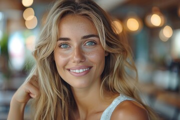 Obraz premium Close-up portrait of an attractive woman with captivating green eyes and a friendly smile