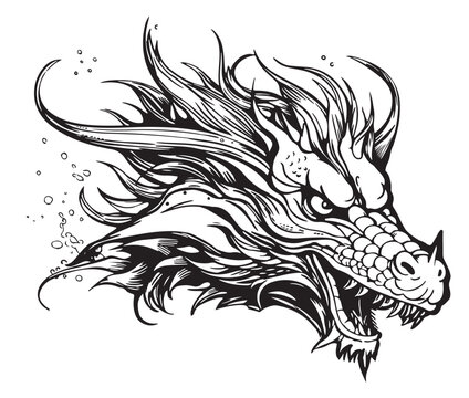 Hand Drawn Engraving Pen and Ink Dragon Head Vintage Vector Illustration