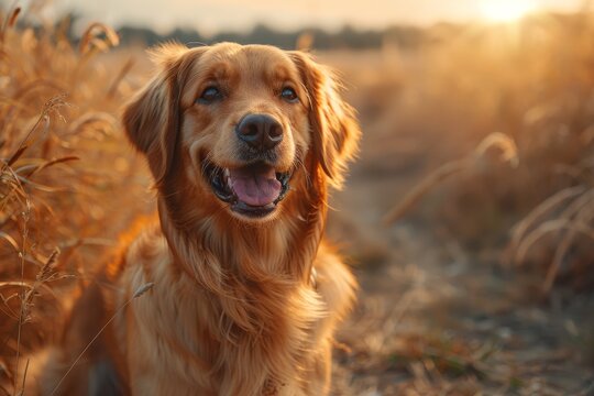 Golden retriever dog with a joyful expression standing amidst golden wheat field against a sunset backdrop