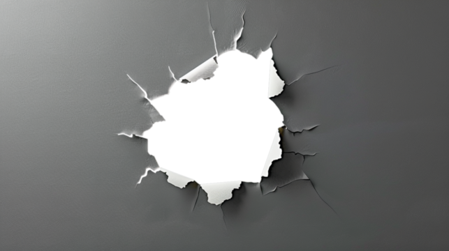 A torn hole in gray paper, a hole in the wall with ragged edges. A window to another world. Isolate. AI generated.