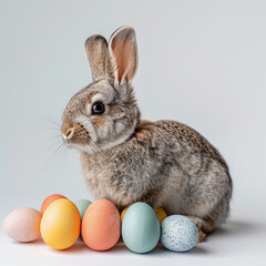 Fototapeta na wymiar A cute Easter bunny with colorful eggs on white background