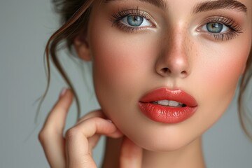 Close-up of a woman with perfect makeup, highlighting her attractive features and fashionable look - obrazy, fototapety, plakaty