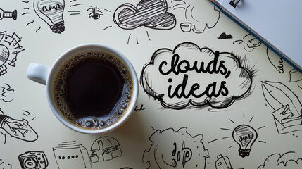 A steaming coffee cup amidst creative doodles, encapsulating brainstorming and inspiration - obrazy, fototapety, plakaty