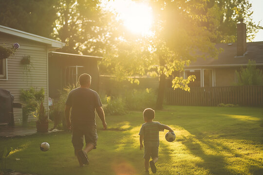 A father plays football with his son in the backyard, under the evening sun.