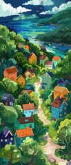 Illustration of a vibrant tiny house village, designed for rewilding the human spirit, fostering prosocial interactions - obrazy, fototapety, plakaty