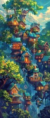Illustration of a vibrant tiny house village, designed for rewilding the human spirit, fostering prosocial interactions