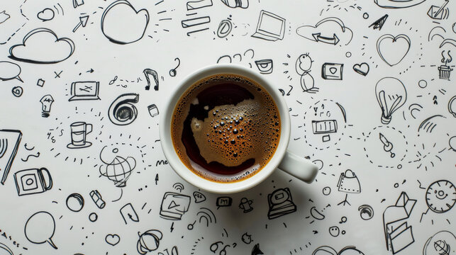 A steaming coffee cup amidst creative doodles, encapsulating brainstorming and inspiration