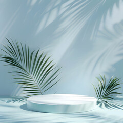 3D blue podium with tropical leaves and shadow for product presentation. Empty background with round podium with shadows of palm leaves. minimalism, 3D room with copy space