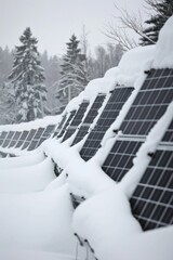 Row of solar panels covered in snow, set against a wintry forest backdrop.