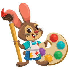 Painter rabbit character holding a huge brush and palette. Cartoon vector illustration.