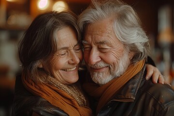 Older man and woman share an intimate cuddle, both smiling with closed eyes