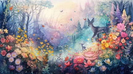 Obraz na płótnie Canvas A fantasy landscape painted in watercolors, showcasing mythical animals wandering through a forest of pastel flowers, all handdrawn