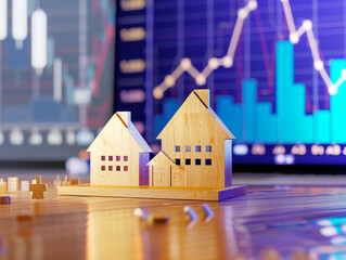 Miniature houses standing on a table against a monitor with home value index charts in the background. Concept of changing real estate prices.