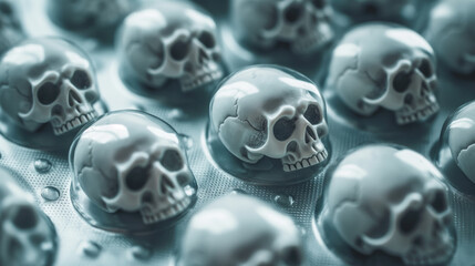 A blister with tablets in the shape of skulls symbolizes the danger of using powerful drugs. - obrazy, fototapety, plakaty