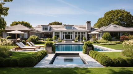 Mediterranean inspired villa with a sprawling garden and a private beach access in the exclusive Hamptons, New York