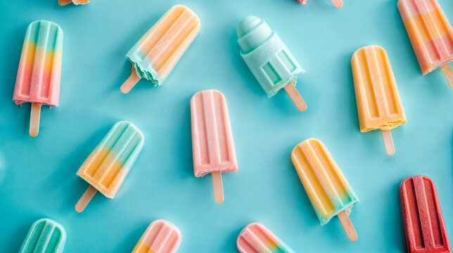 Colorful Ice cream popsicle on pastel blue background. Minimal summer concept. Flat lay