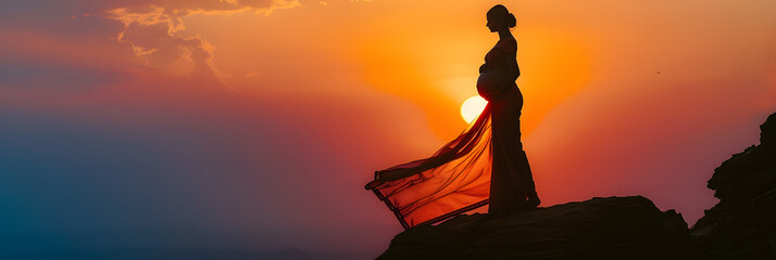 an indian mother drapped in a saree carrying her pregnancy standing on top of a cliff mountain silhouette shot sunset evening